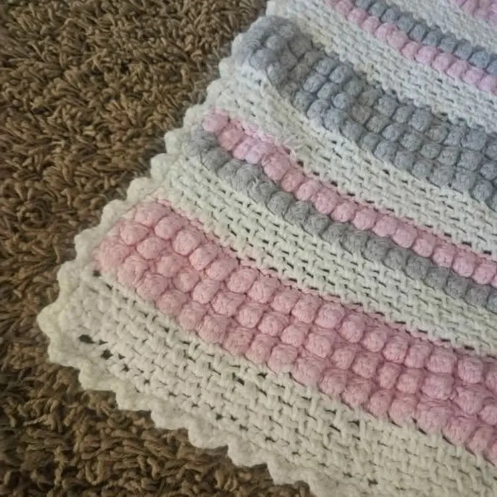 Handmade Crochet Pink Striped Baby Blanket 36